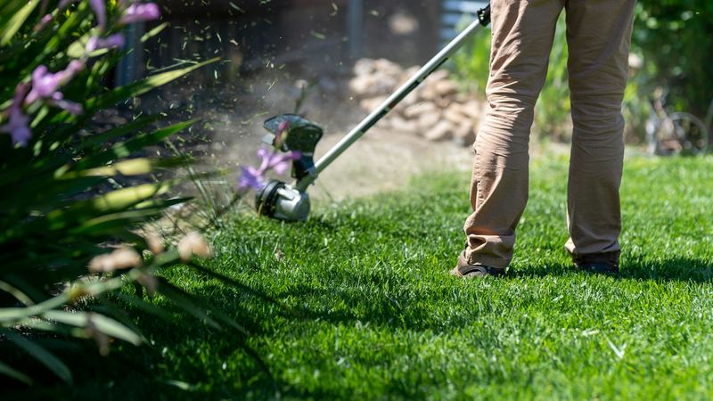 Gardener trimming lawn edges with a string trimmer beside a flower bed