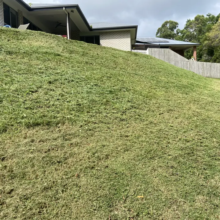 After: long grass on a steep back slope, mowed even, Yandina