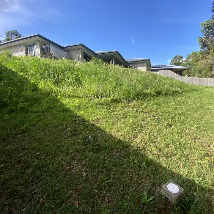 Before: long grass on a steep back slope, mowed even, Yandina