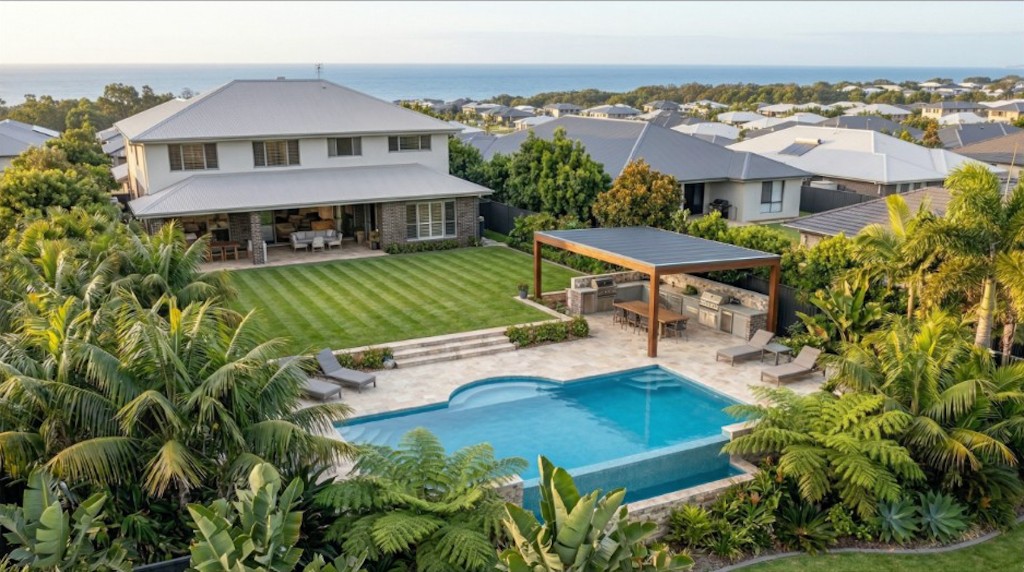 Backyard lawn and garden beds bordering a pool