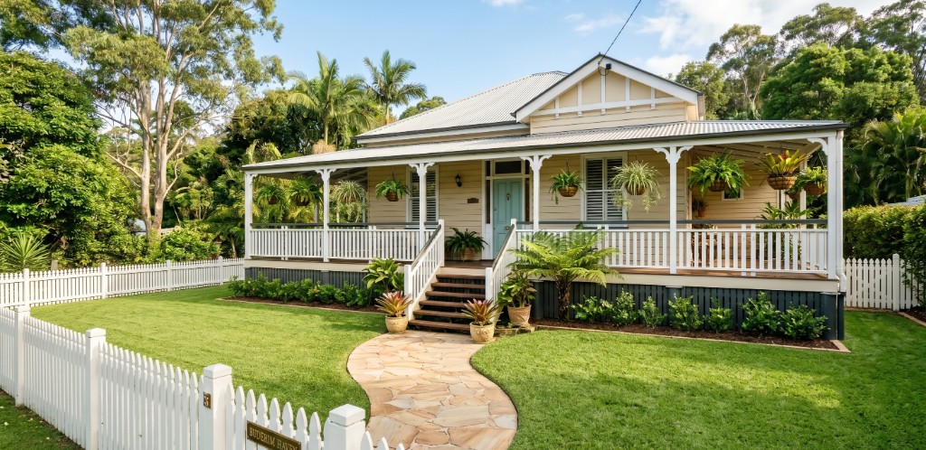 Queenslander home with manicured lawn and tropical garden — Buderim, Sunshine Coast