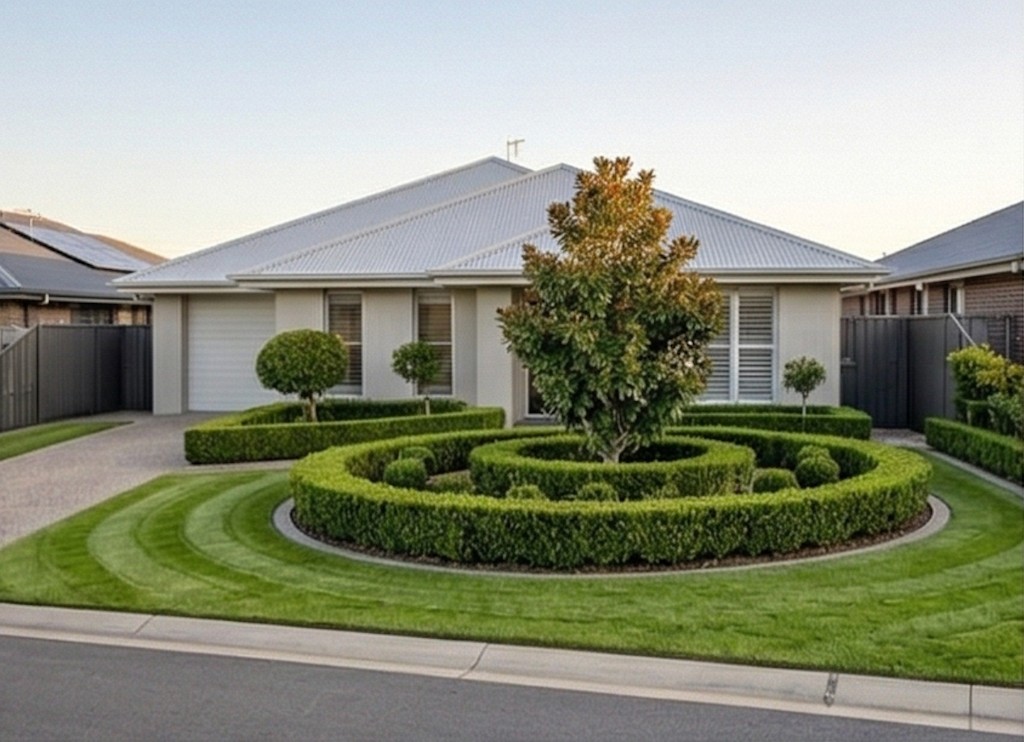 Circular hedge feature in a landscaped garden