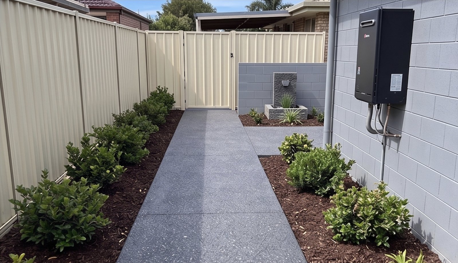 Tidy paved walkway and clean fenceline beside a Sunshine Coast home