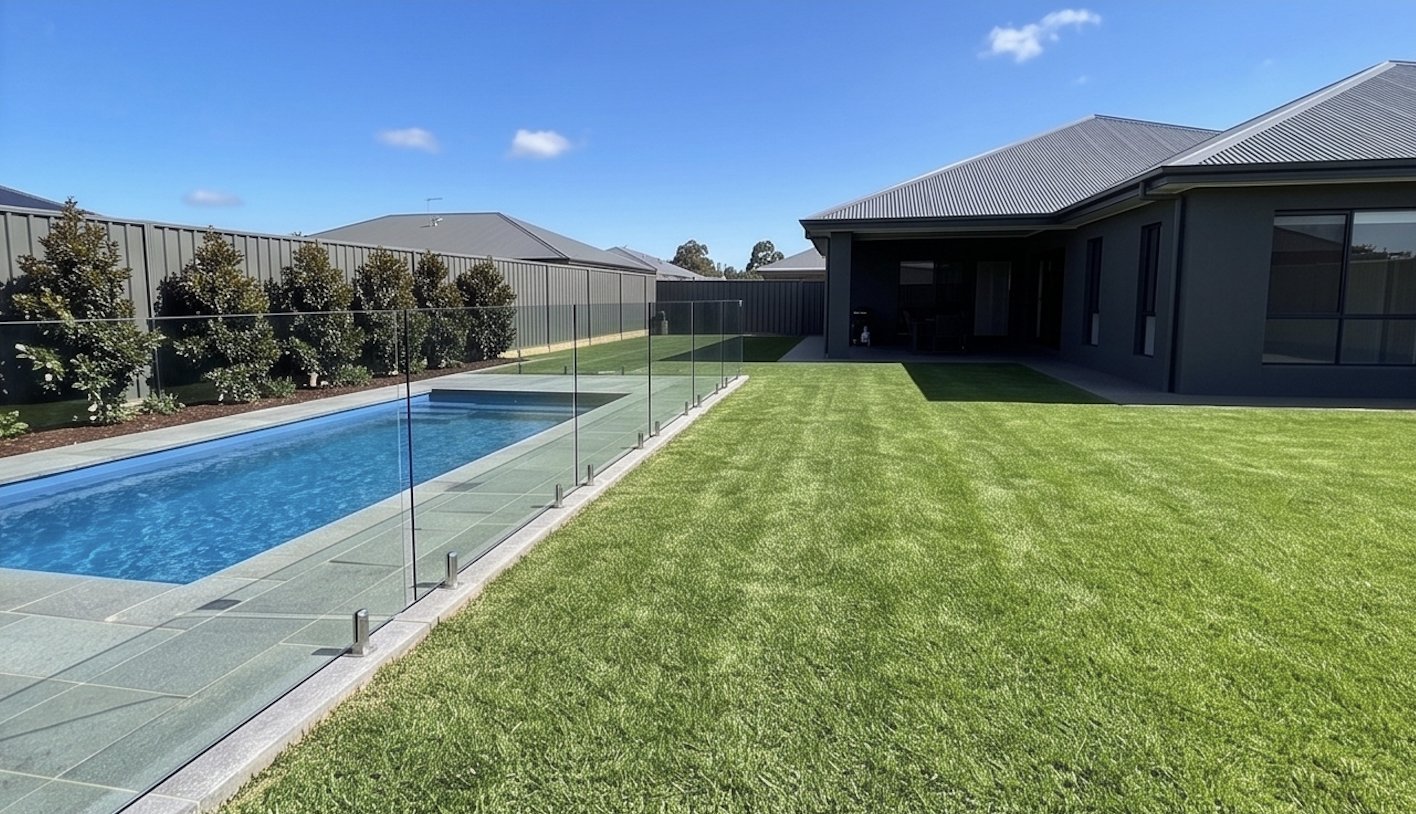 Lush green lawn and tidy backyard pool area, all green waste cleared