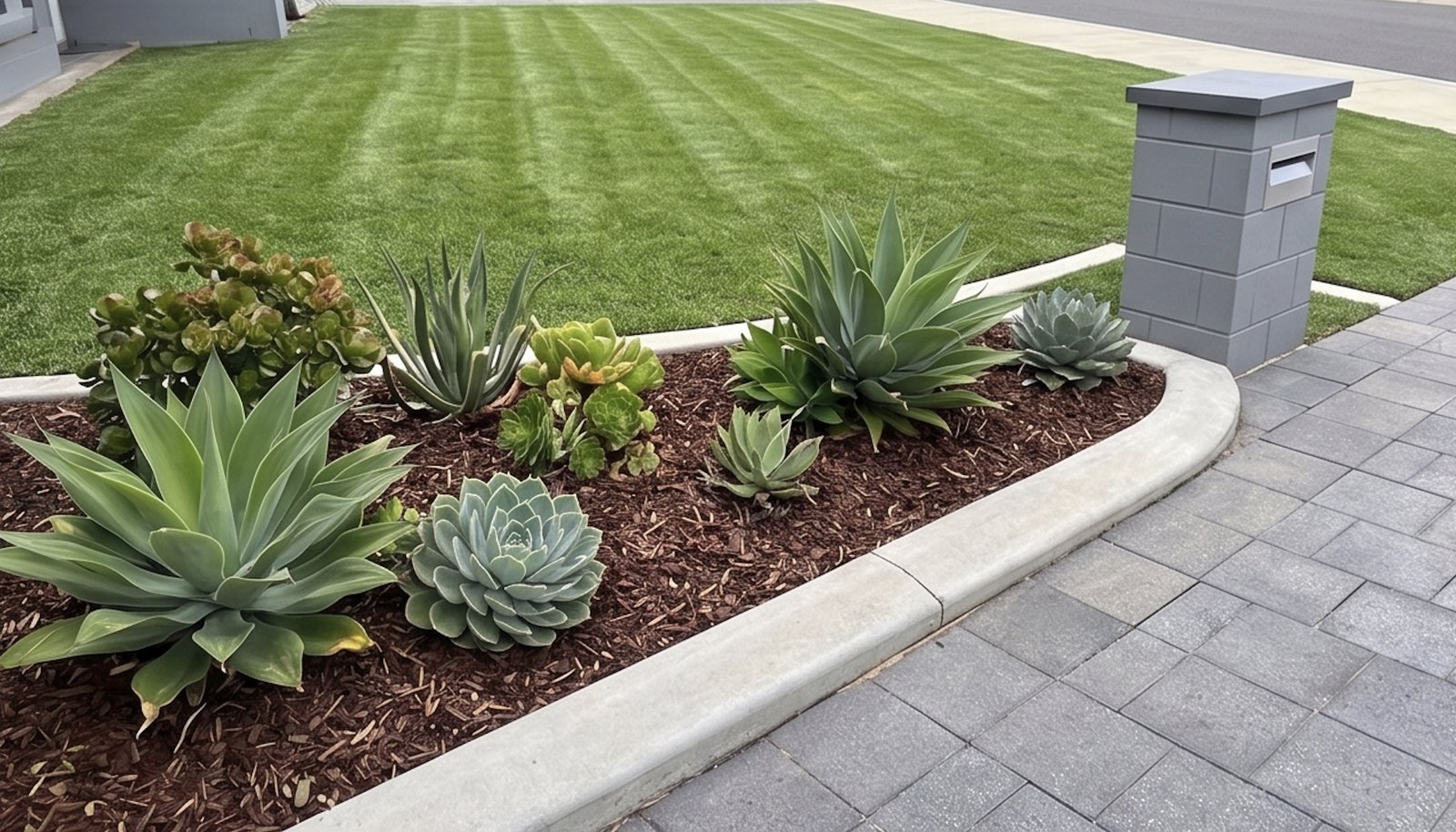 Weed-free succulent garden bed with clean lawn edge