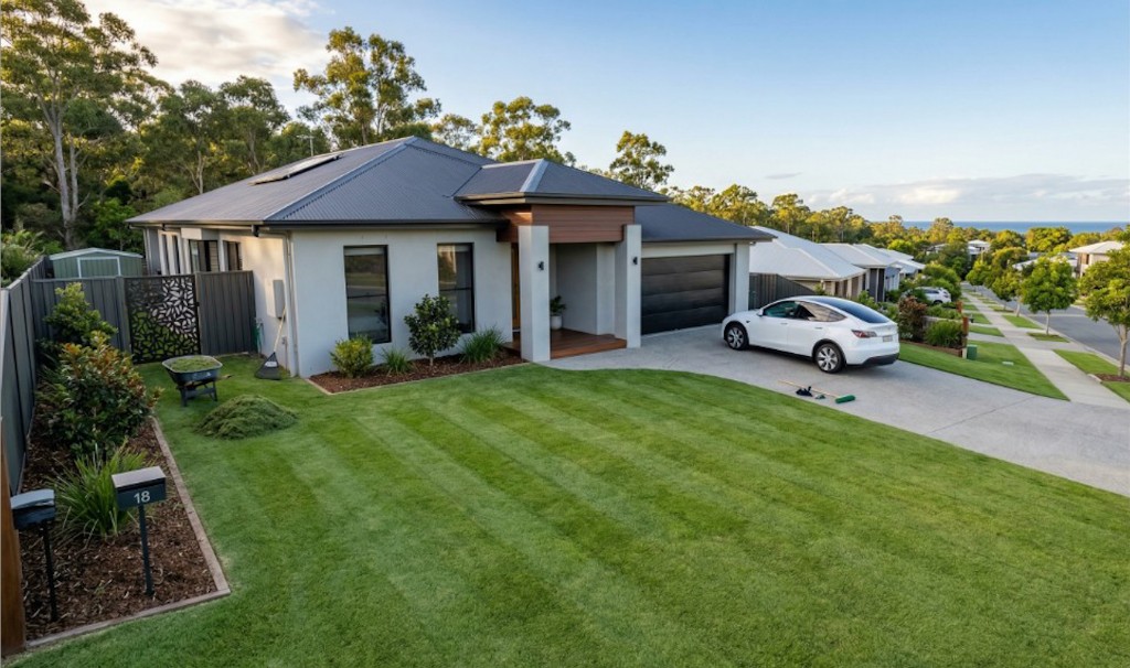 Aerial view of a Sunshine Coast property professionally cleaned and edged by T-Squared Services