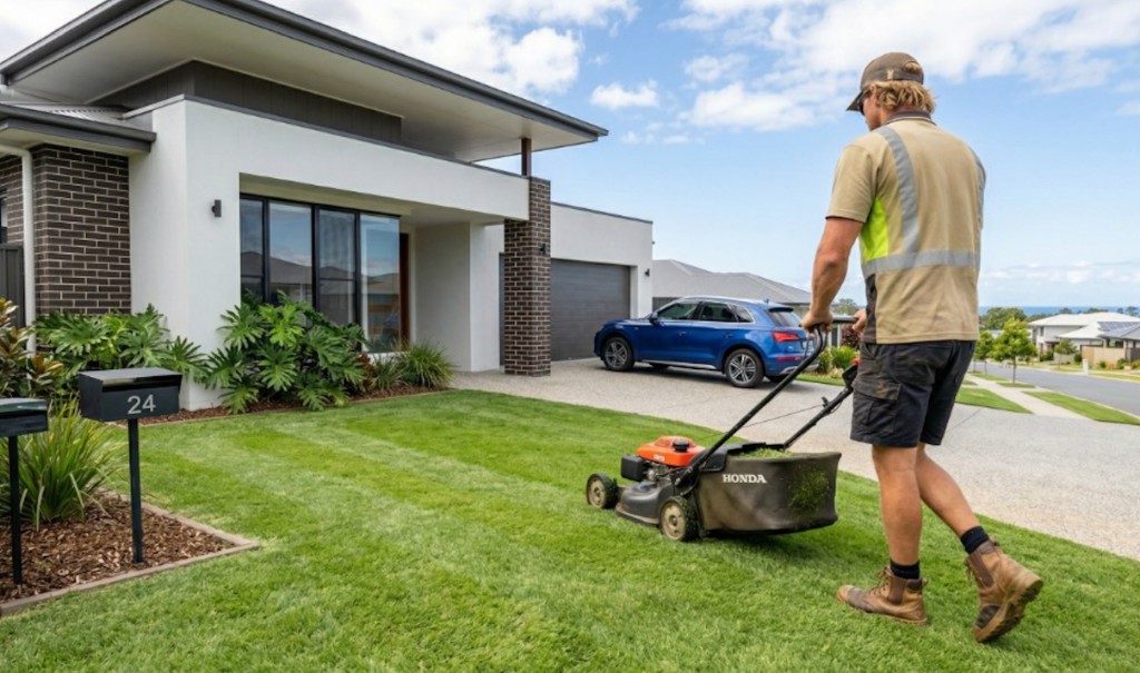 T-Squared operator mowing a striped lawn on the Sunshine Coast