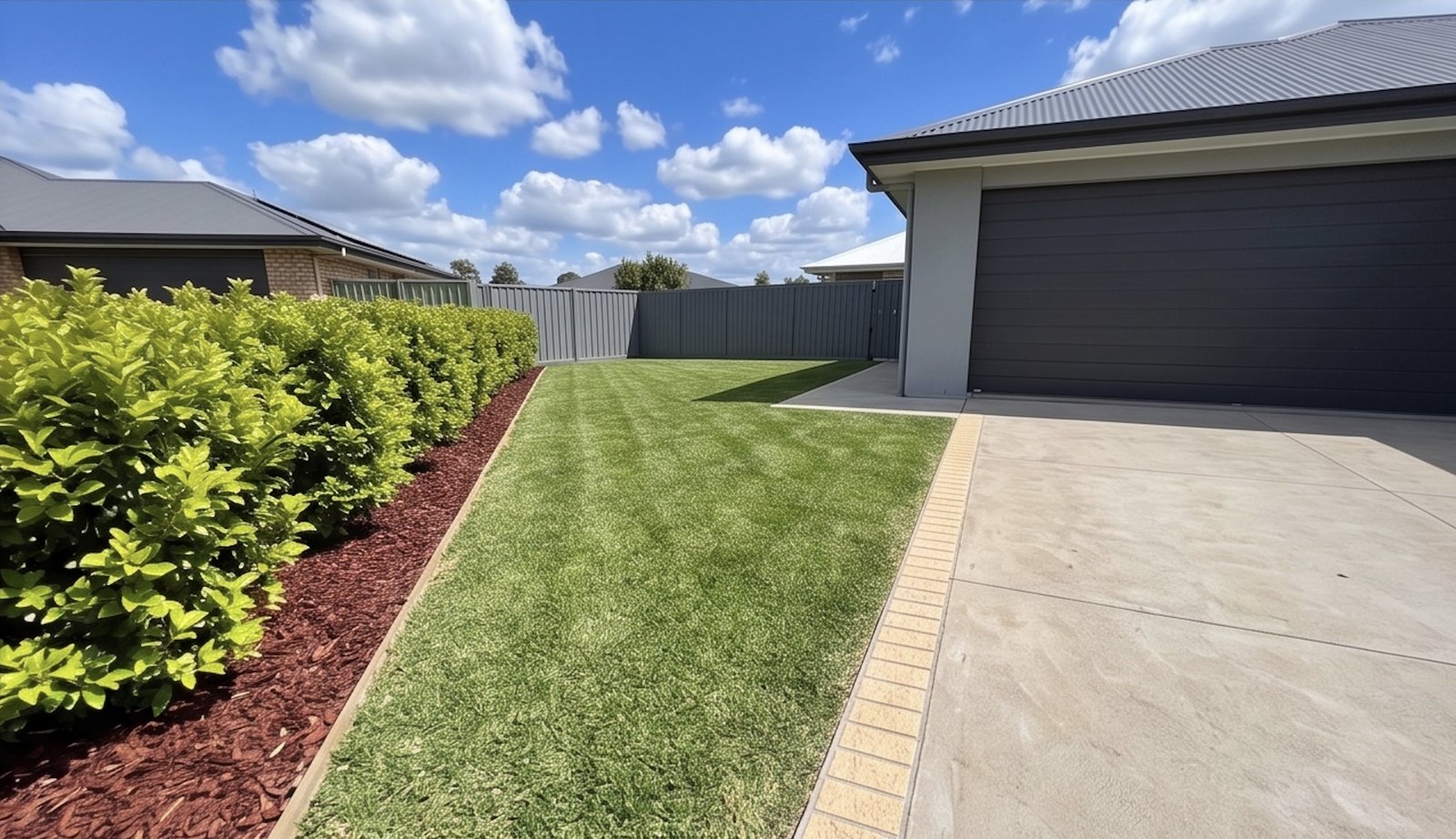 Striped front lawn after a fresh mow at a modern Sunshine Coast home